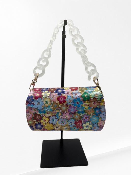 Handmade Colorful Flower Wood Clutch with Strap - Unique and Fashionable Gift