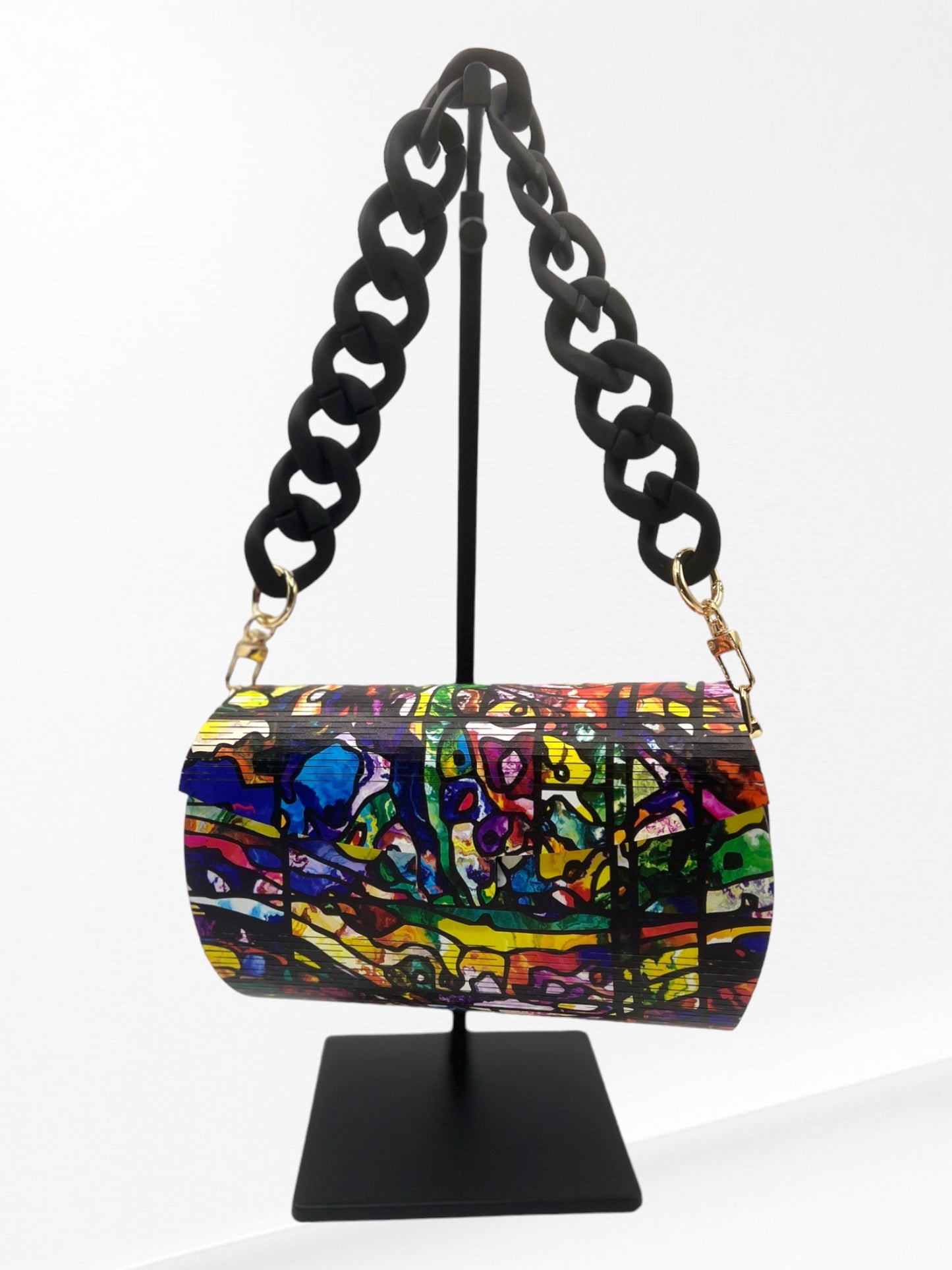 Handmade Colorful Abstract Wood Clutch with Strap - Unique and Fashionable Gift