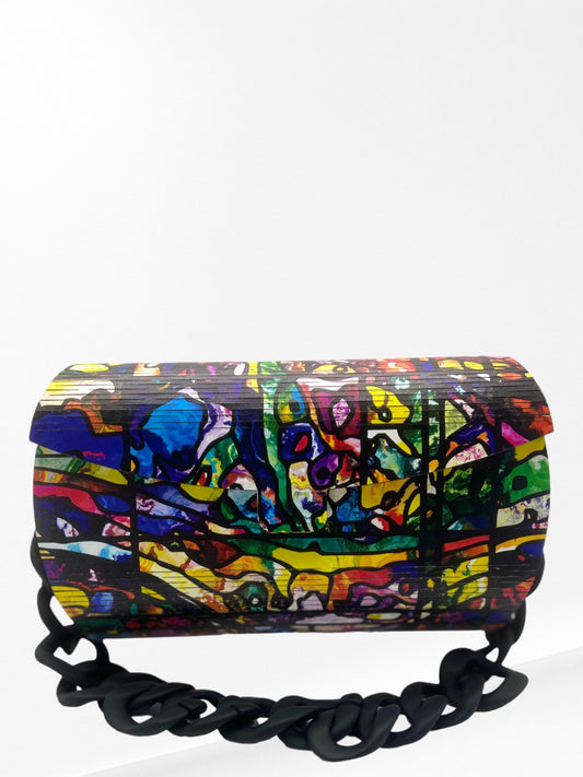 Handmade Colorful Abstract Wood Clutch with Strap - Unique and Fashionable Gift