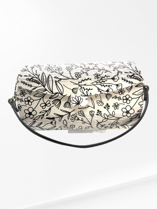 Handmade Elegant Black and White Wildfowers Wood Clutch with Strap - Unique and Fashionable Gift