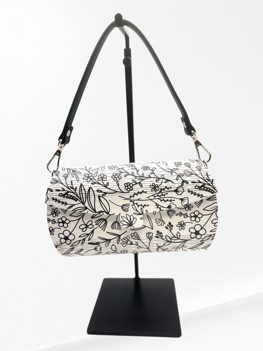 Handmade Elegant Black and White Wildfowers Wood Clutch with Strap - Unique and Fashionable Gift